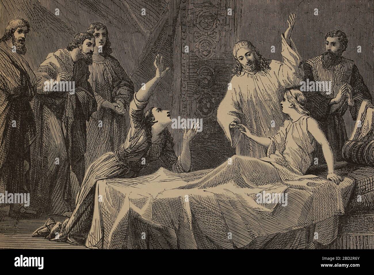 Raising of Jairu's Daughter. Miracle of Jesus in the Gospels Mark, Mattheu and Luke. Engraving, 19th century. Stock Photo