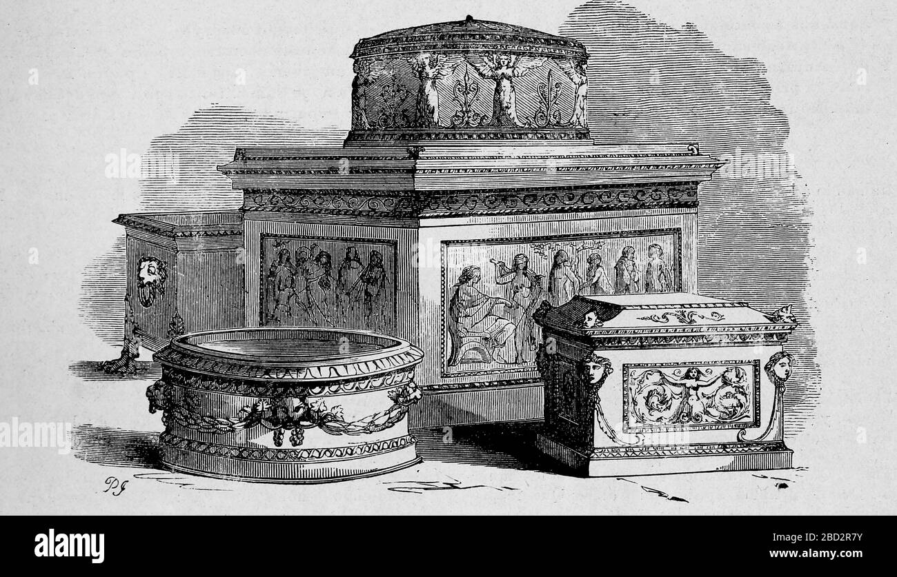Alabaster objects. Roman and Greek period. Engraving, 19th century. Stock Photo