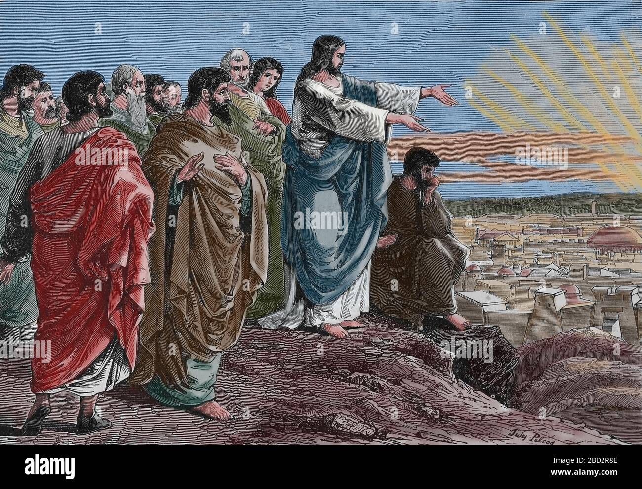 Jesus predicts the destruction of Jerusalem. Engraving, 19th century. Stock Photo