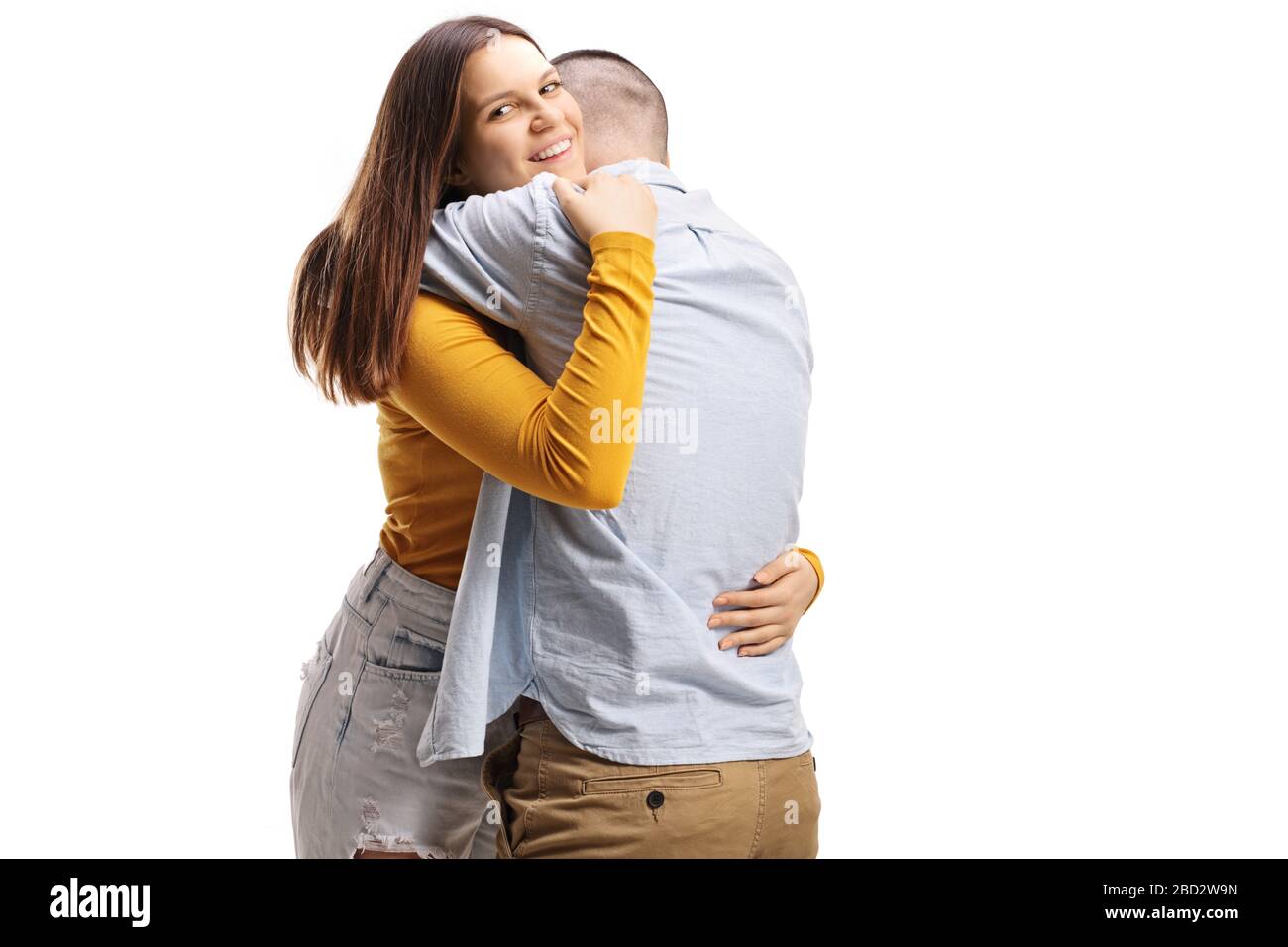 Young man and woman hugging each other isolated on white background Stock Photo