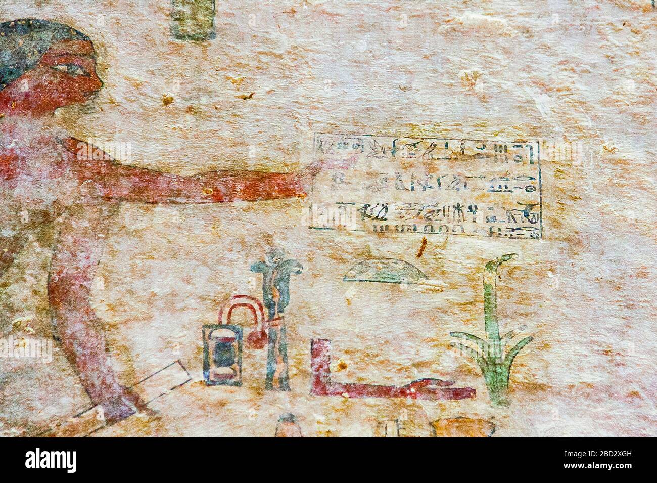 Egypt, Beni Hasan, the tomb of Khnumhotep II contains the famous scene called arrival of the Hyksos. A scribe presents a text to Khnumhotep. Stock Photo