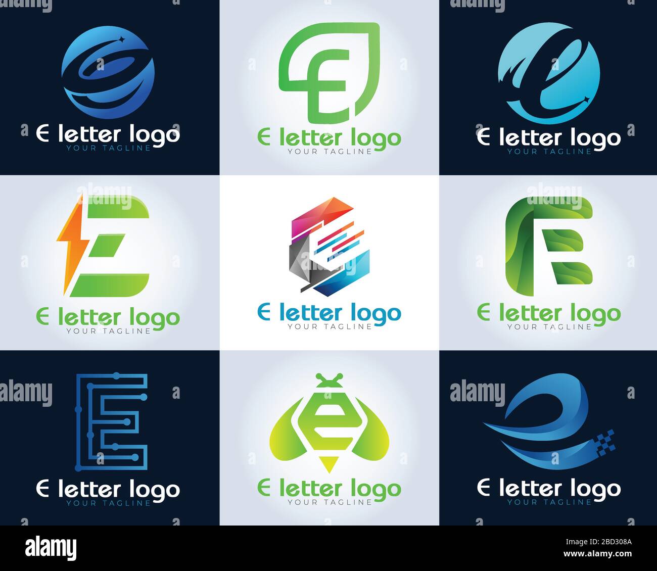 Set of modern alphabet logo design letter E. Letter E logo. E letter initial icon logo design. Stock Vector