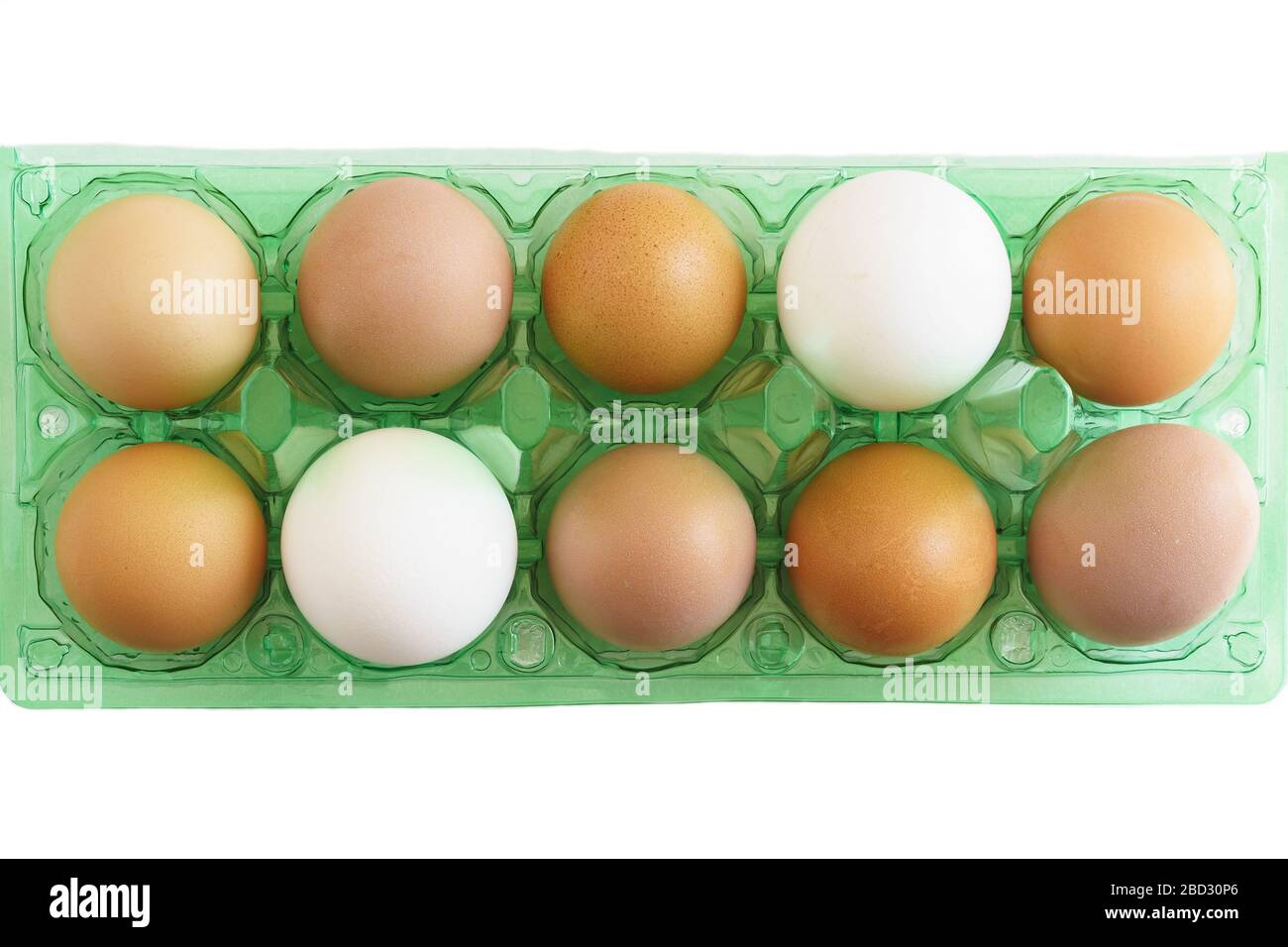 Multicolored chicken eggs in new plastic store packaging. Unequal Stock Photo