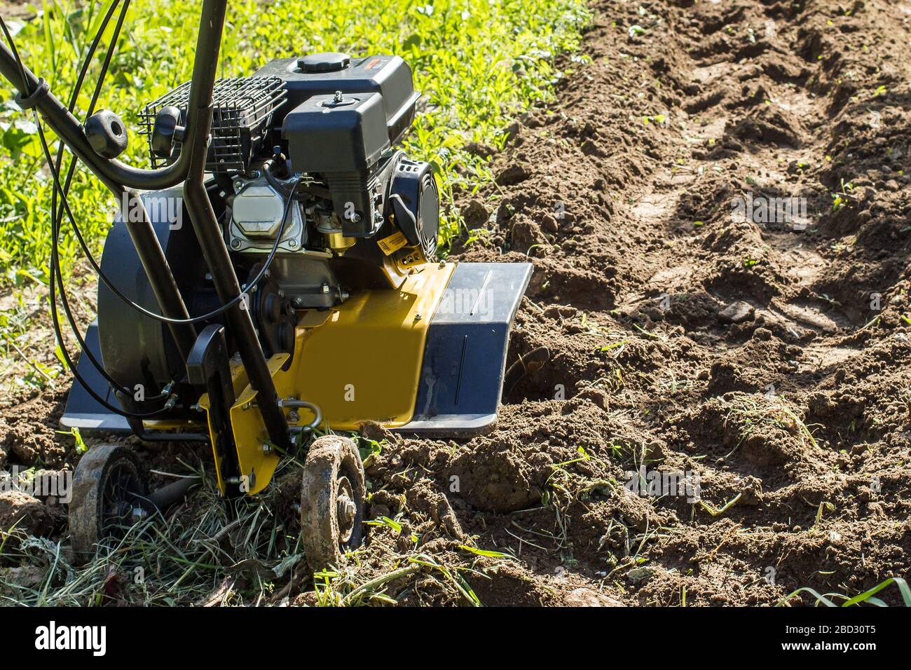Motor cultivator making fresh raw in garden soil Stock Photo Alamy