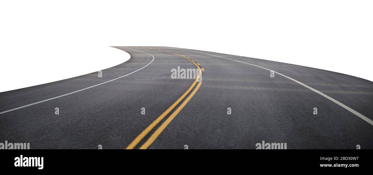 Winding asphalt road with yellow symbol. Isolated on background Stock ...