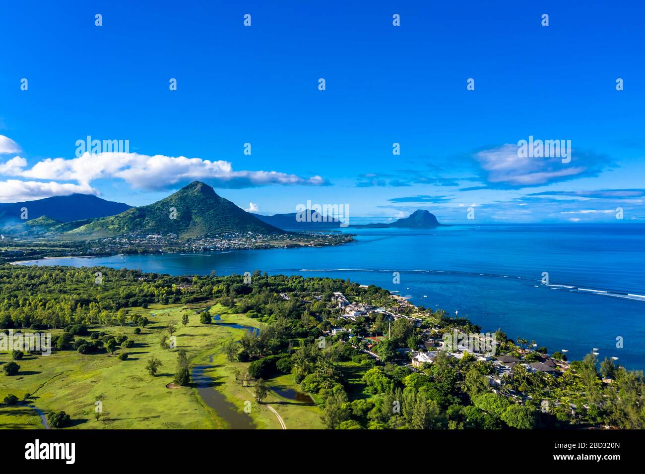Aerial view, coastline, behind the mountain Tourelle du Tamarin, Flic en Flac, Mauritius Stock Photo