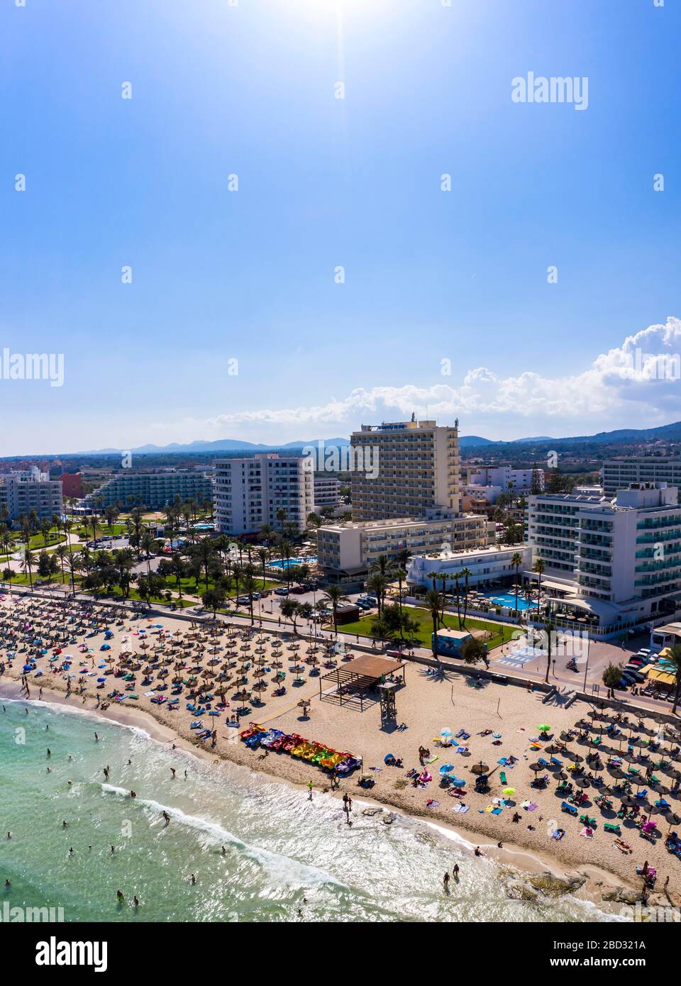 Aerial view, bathing bay of Cala Millor and Cala Bona, region Llevant, Majorca, Ballearen, Spain Stock Photo