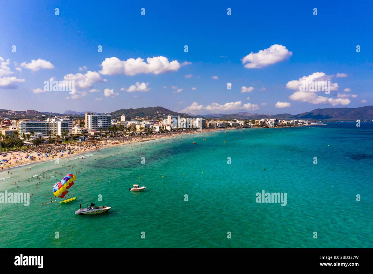 Aerial view, bathing bay of Cala Millor and Cala Bona, region Llevant, Majorca, Ballearen, Spain Stock Photo