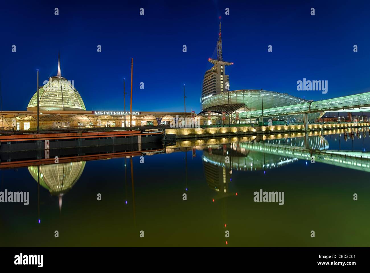 Mediterano and Klimahaus Bremerhaven, illuminated, night shot, Havenwelten, panorama, Bremerhaven, Germany Stock Photo