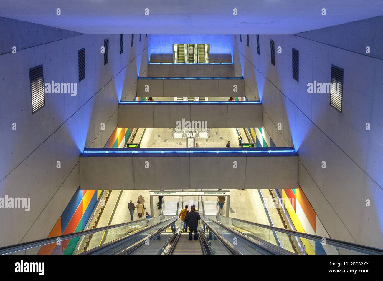Descending on the escalators at Moricz Zsigmond Korter metro station on line 4 Stock Photo