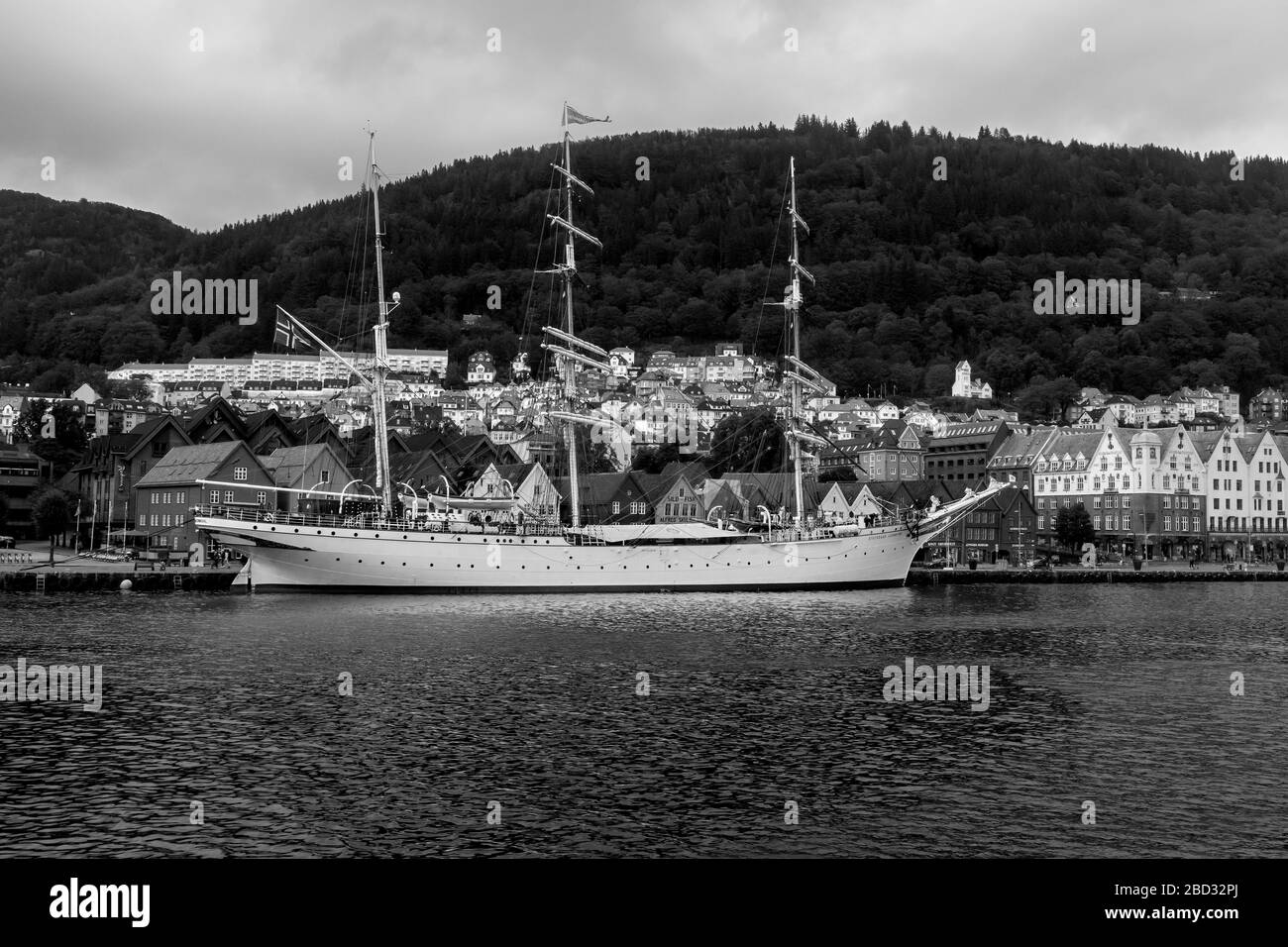 Norwegian training sail ship Statsraad Lehmkuhl at Bryggen quay, in Bergen, Norway. A three masted barque Stock Photo