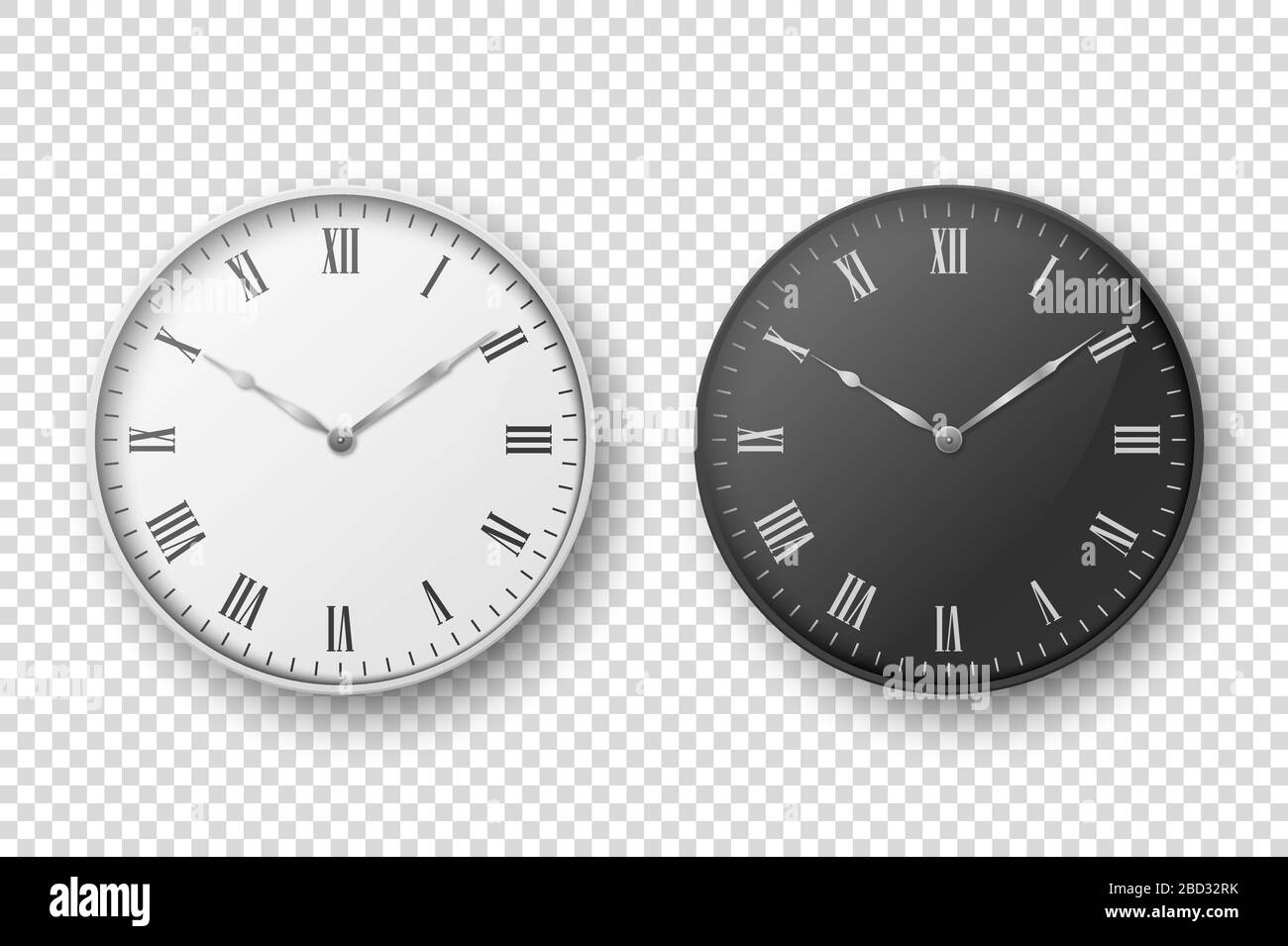 Vector 3d Realistic Simple Round Wall Office Clock Set. White and Black ...
