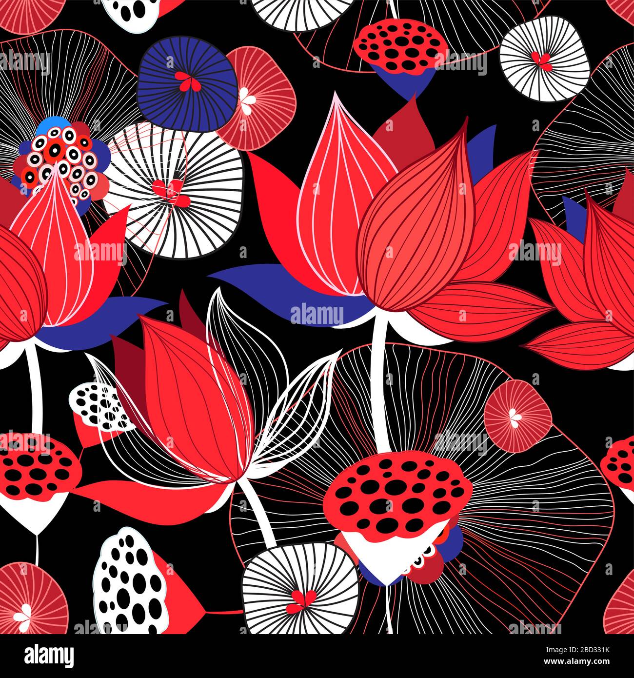 Seamless bright floral background with red lotuses and leaves on dark background Stock Vector