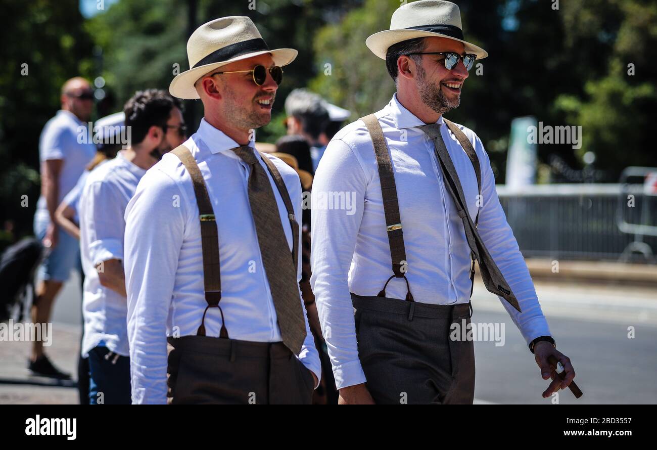 FLORENCE, Italy- June 13 2019: Kenneth Chorengel and Szymon Stefanowicz on the street during the Pitti 96. Stock Photo