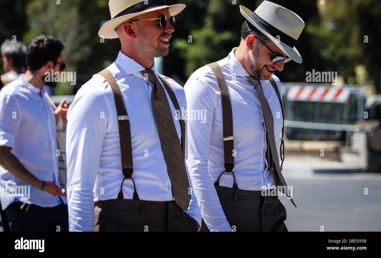 FLORENCE, Italy- June 13 2019: Kenneth Chorengel and Szymon Stefanowicz on the street during the Pitti 96. Stock Photo