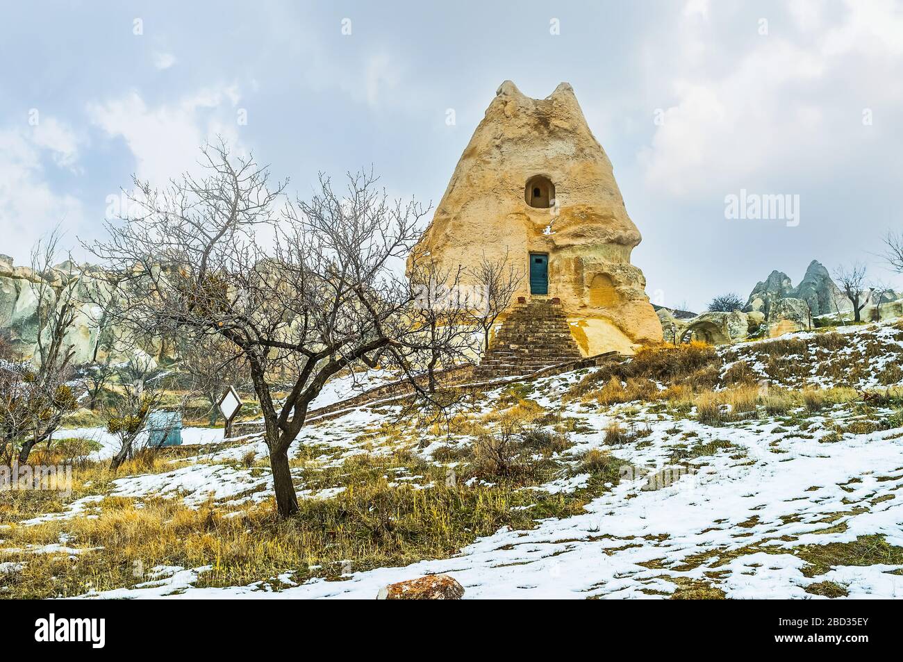 El Nazar Kilise is one of the rock churches, preserved in Goreme and located among its unique tuff rocks and cliffs of Cappadocia, Turkey Stock Photo