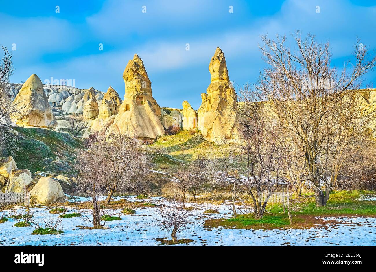 Pigeon Valley is perfect place to explore unique Cappadocian landscapes, small birdhouses and cells, cut in tuff and to enjoy the nature, Turkey Stock Photo