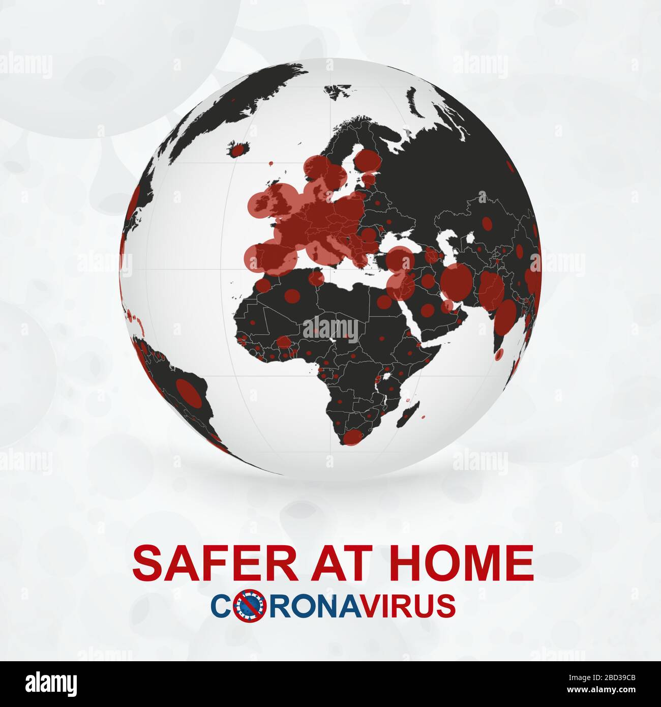Safer at Home, Coronavirus cases on Earth globe view on Europe, Africa and Middle East. Abstract virus background. Stock Vector