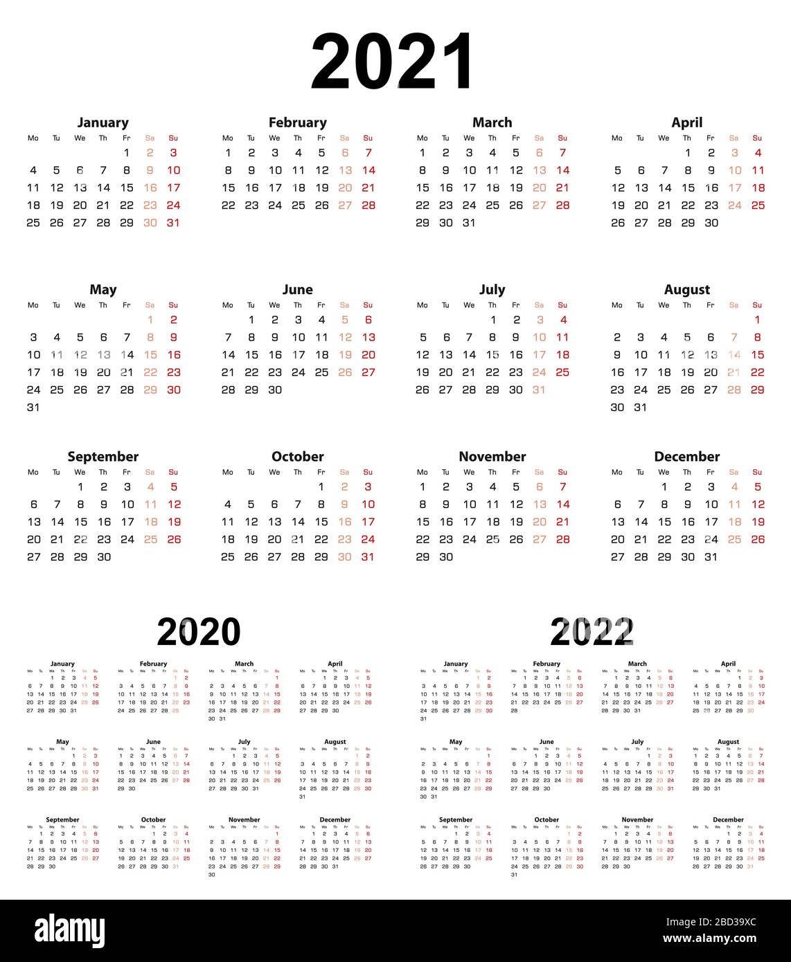 Basic Calendar For Year 2021 And 2020 2022 Week Starts On Monday