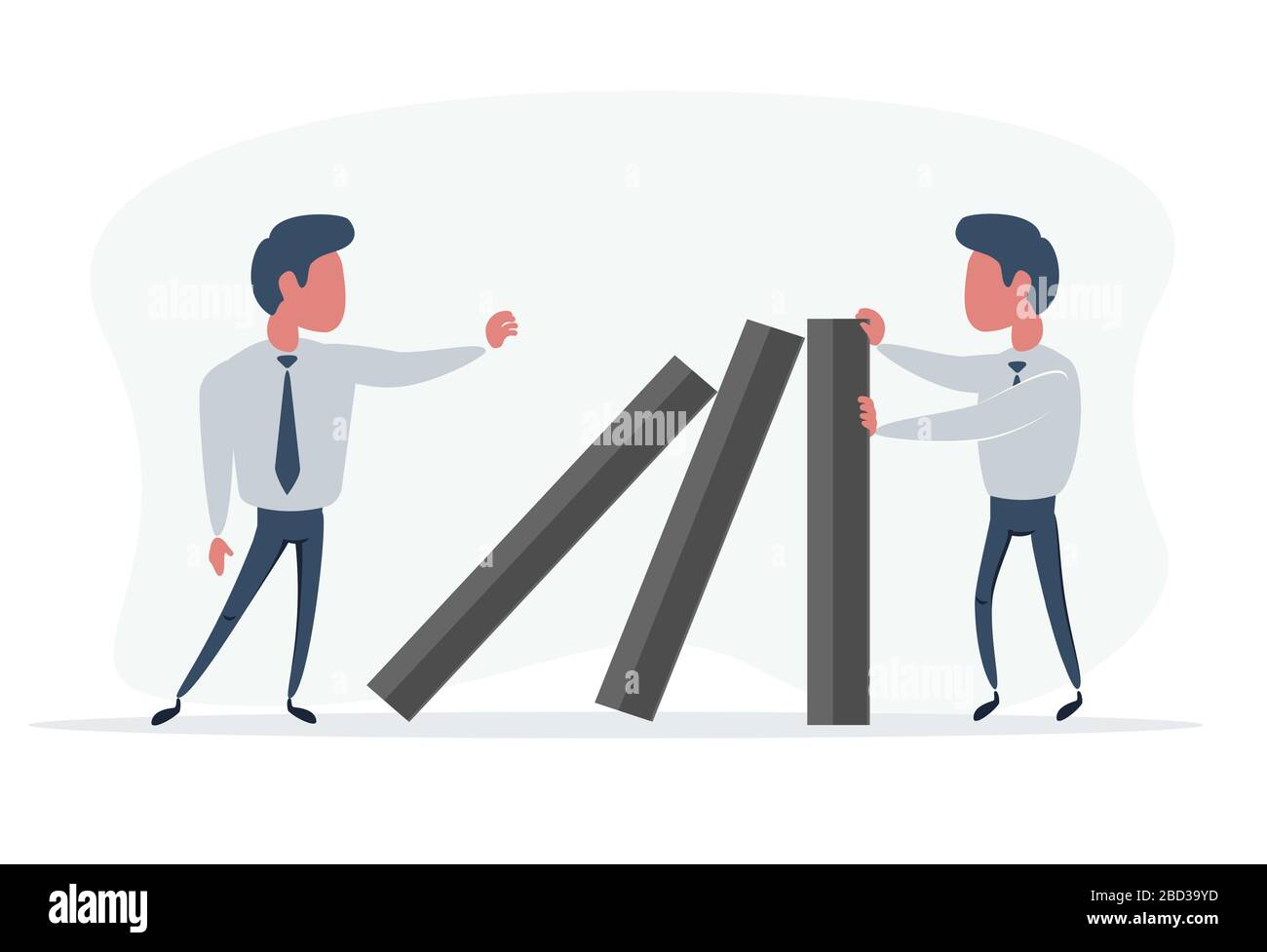 Businessman stopping falling domino - concept. Symbol of crisis, risk, management, leadership and determination. Stock Vector