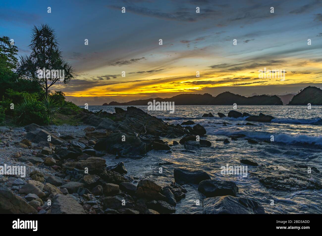 Undiscovered remote beach in the evening. Good for camping or swimming or just enjoying nature Stock Photo
