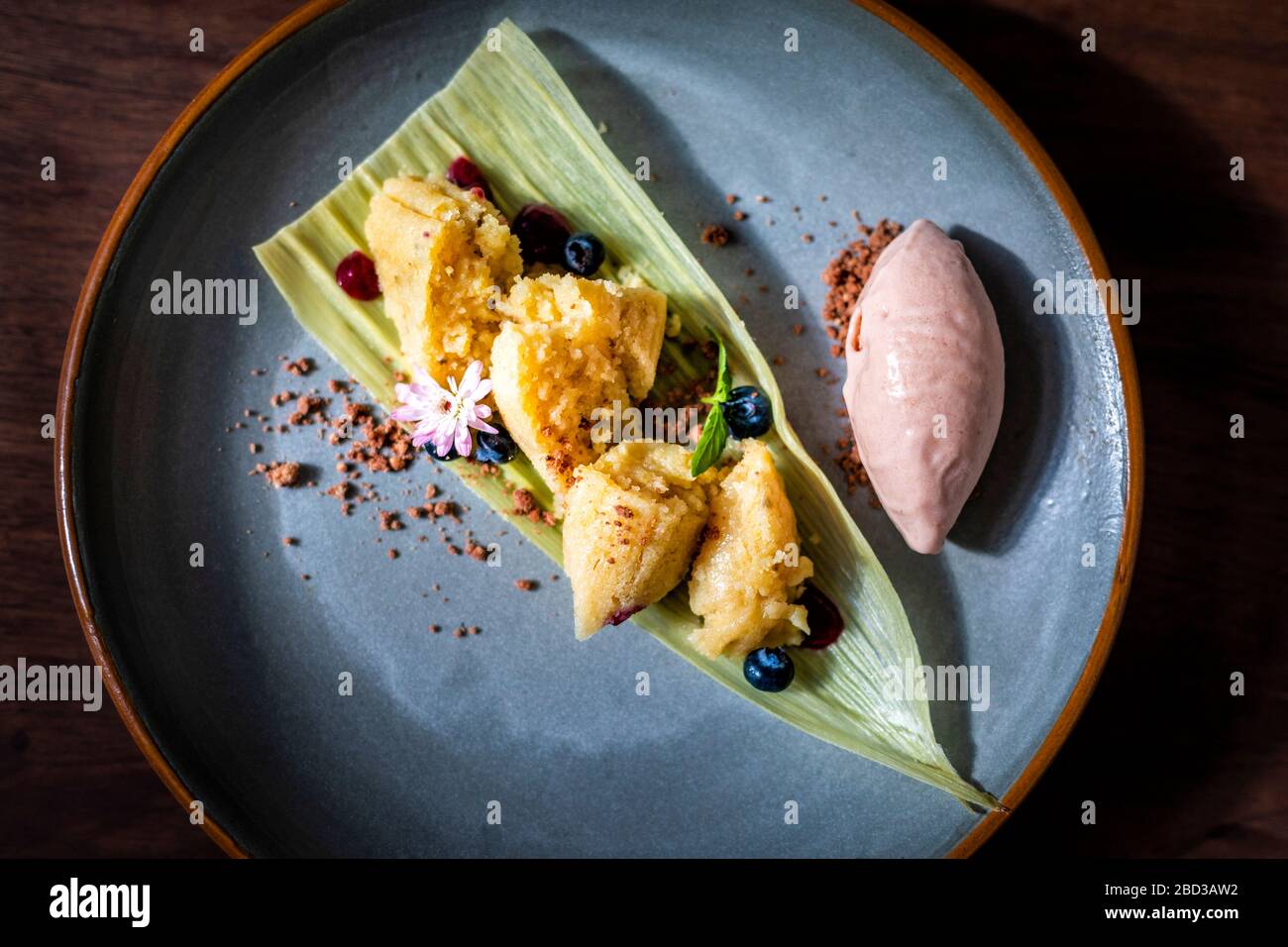 A corn tamale elegantly presented by Chef Marco Valdivia in Tepic, Nayarit, Mexico. Stock Photo