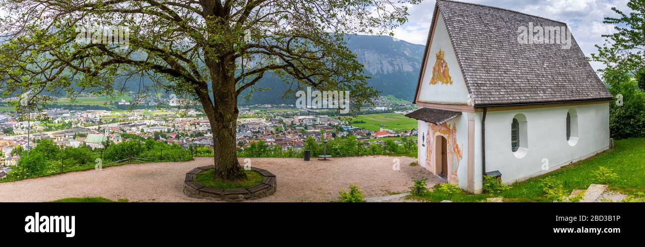 View of valley and mountains at Schwaz from little chapel above the town, Schwaz, Austria, Europe Stock Photo