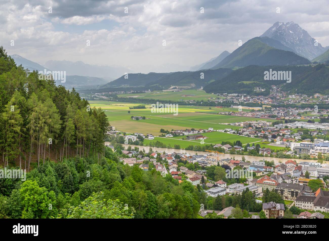 View of valley and mountains at Schwaz from view above the town, Schwaz, Austria, Europe Stock Photo