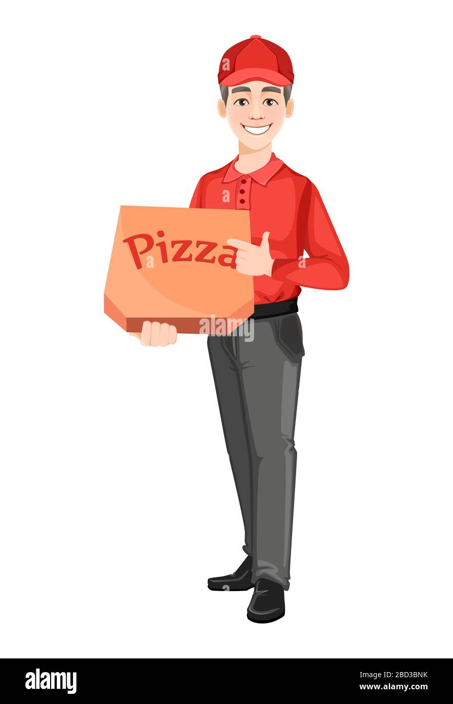 Courier holding box with pizza. Delivery service concept. Delivery man  cartoon character. Vector illustration isolated on white background Stock  Vector Image & Art - Alamy