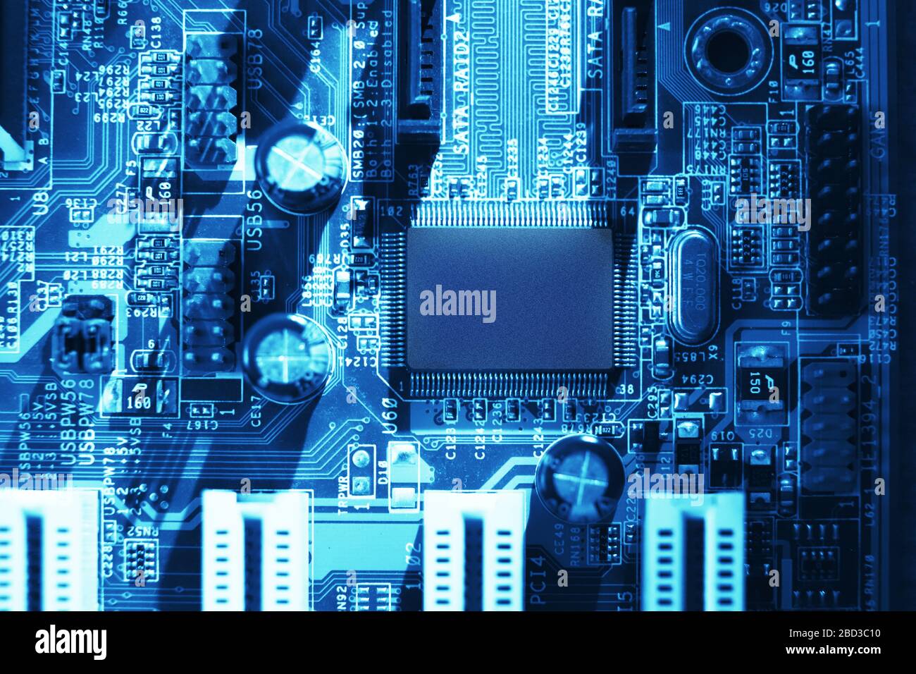 Blue electronic mother board circuit close up macro background Stock ...