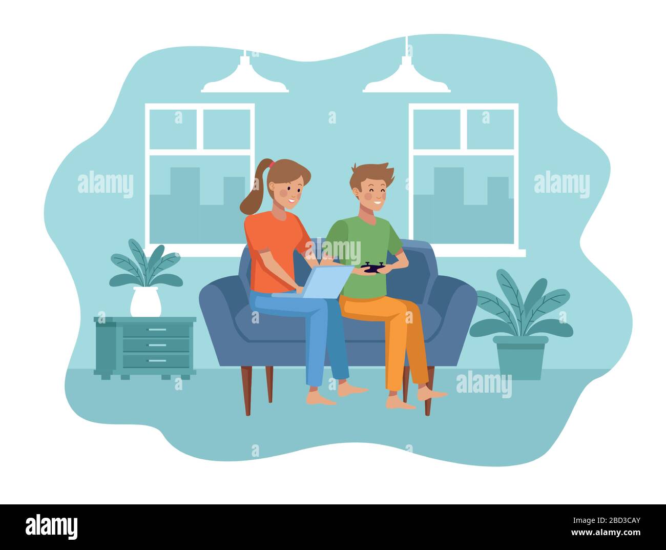couple in quarentine livingroom scene Stock Vector