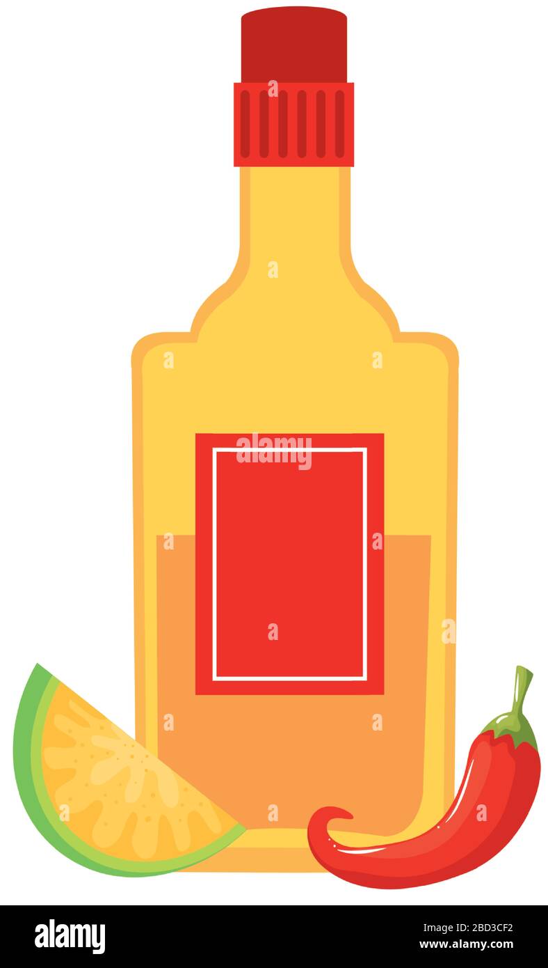 Isolated mexican tequila bottle chilli and lemon vector design Stock ...