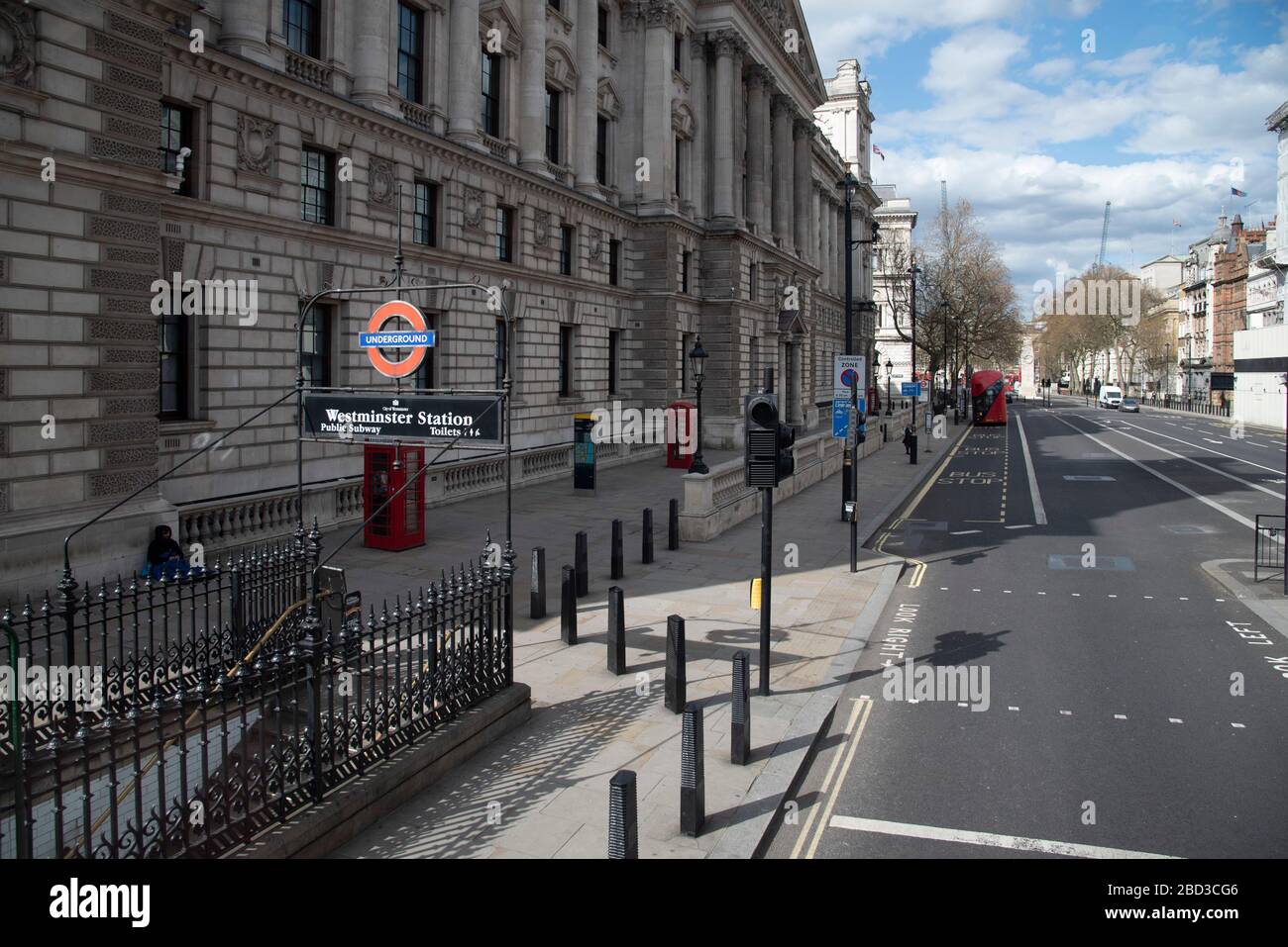 General view of a visibly quiet Whitehall in London, UK on April 6, 2020. Last night Prime Minister Boris Johnson was admitted to St Thomas' Hospital for undergoing tests after suffering 'persistent' symptoms of coronavirus for 10 days, this evening Prime Minister Johnson condition worsened and he was taken to intensive care. There have been almost 50,000 reported cases of the COVID-19 coronavirus in the United Kingdom and almost 5,000 deaths. The country is in its third week of lockdown measures aimed at slowing the spread of the virus. (Photo by Claire Doherty/Sipa USA) Stock Photo