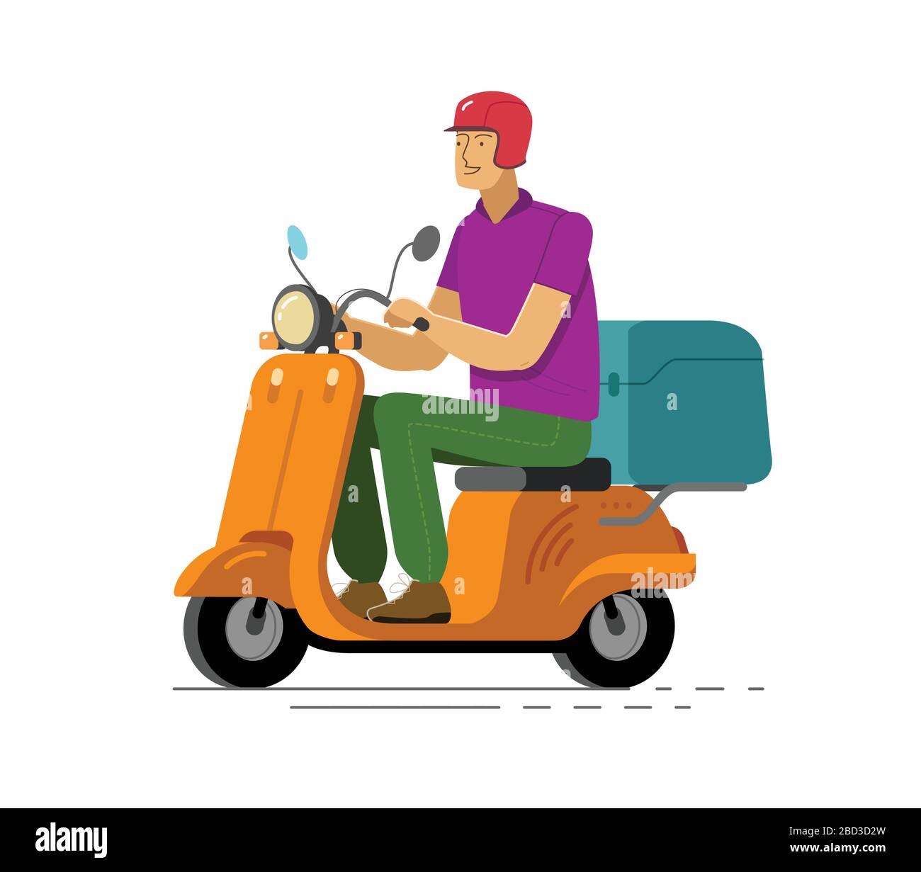 Young man on scooter wearing helmet. Fast delivery service vector illustration Stock Vector