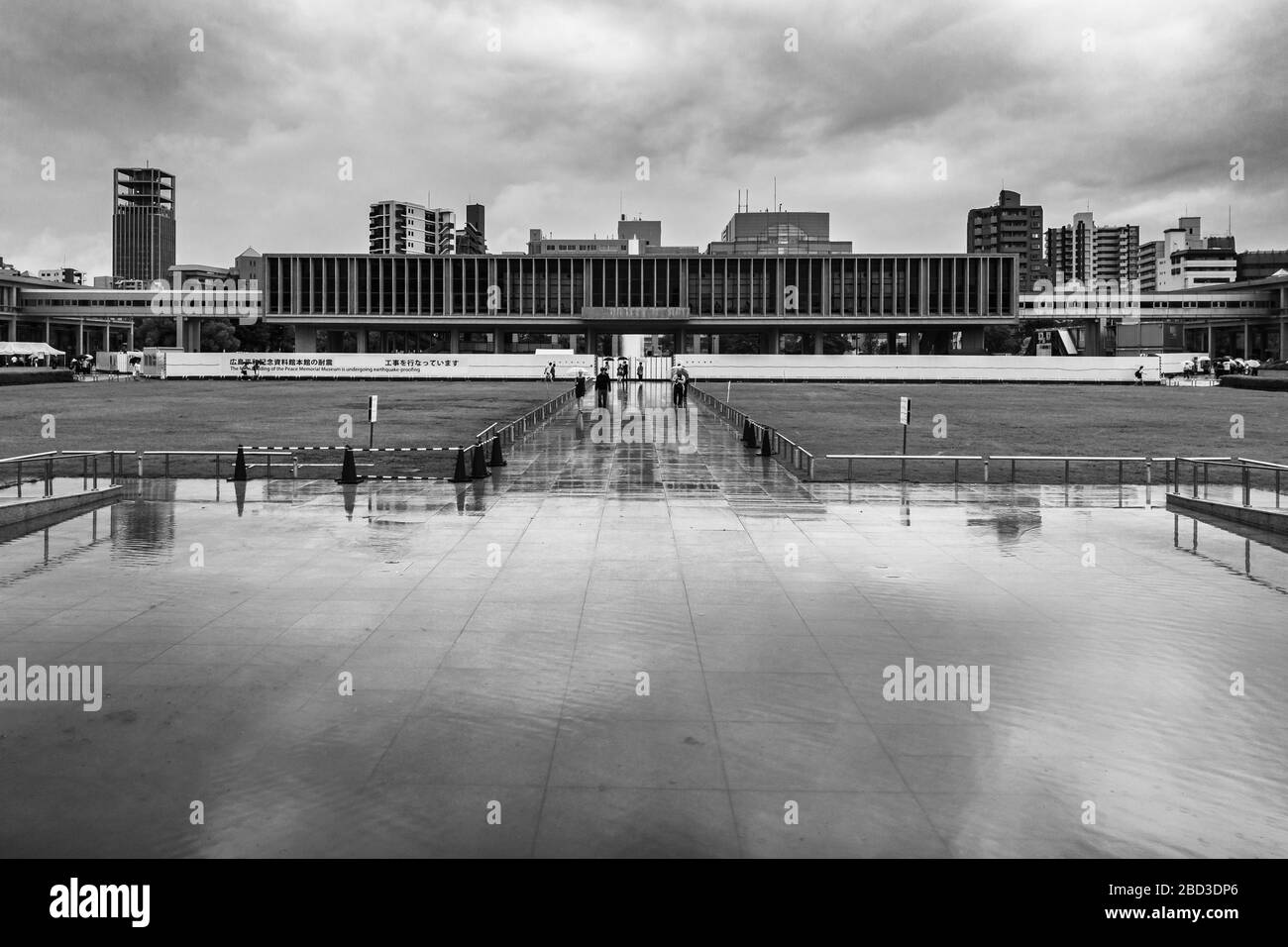 Black and white image of Hiroshima Peace Memorial Museum designed by the Japanese architect Kenzo Tange. Hiroshima, Japan, August 2019 Stock Photo