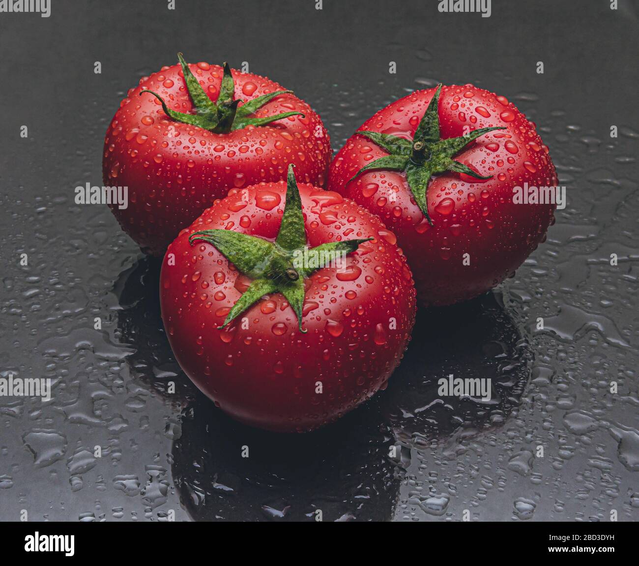 Studio shot of three tomatoes with water drops on black background Stock Photo