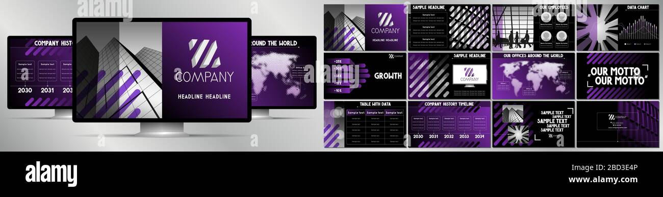 Modern violet, black and grey business vector presentation template - EPS10 - hd format: 1920x1080 px. Stock Vector