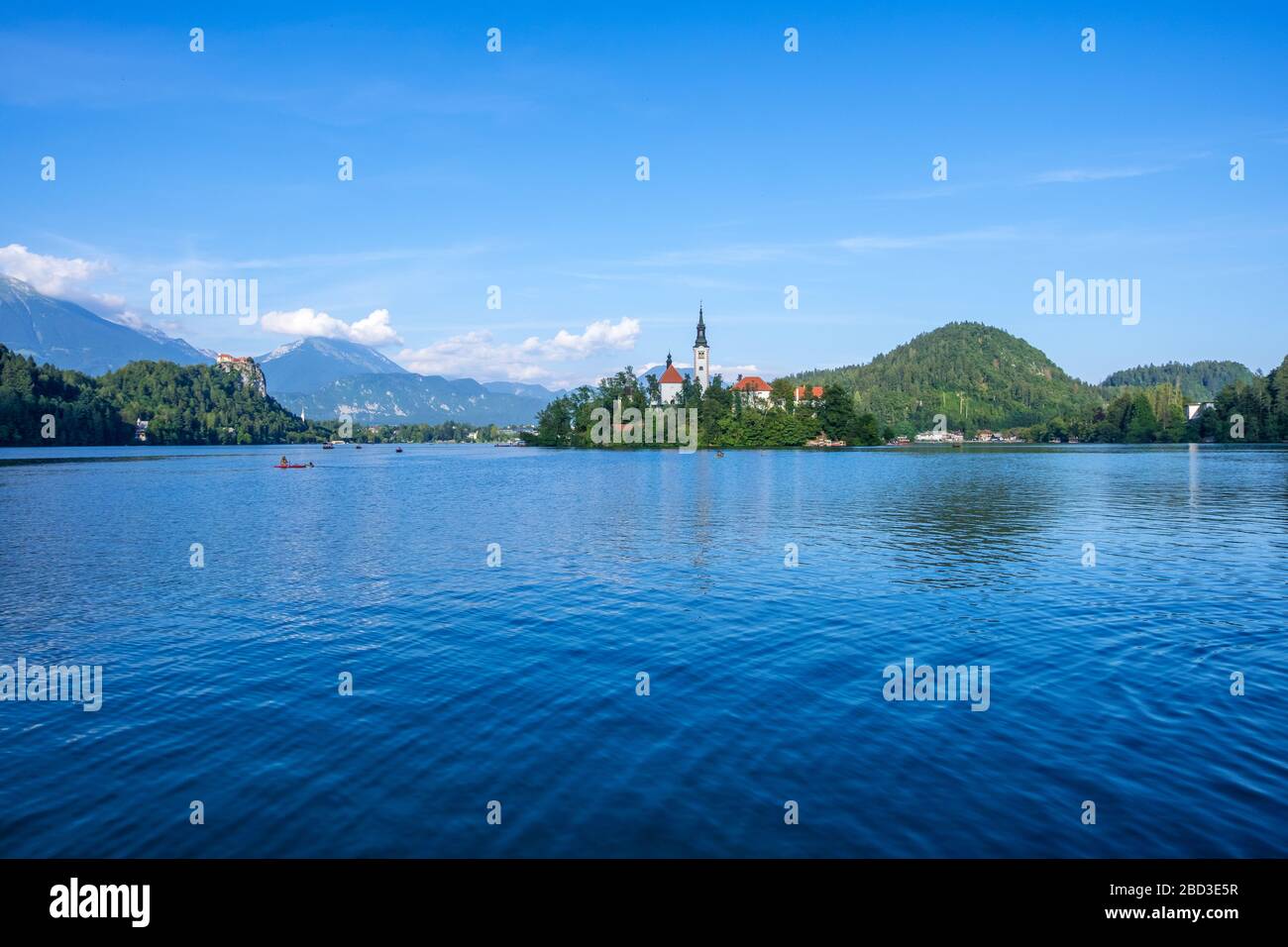 Amazing view on Bled Lake with church dedicated to the Assumption of Mary on a small island, Julian Alps, Slovenia Stock Photo