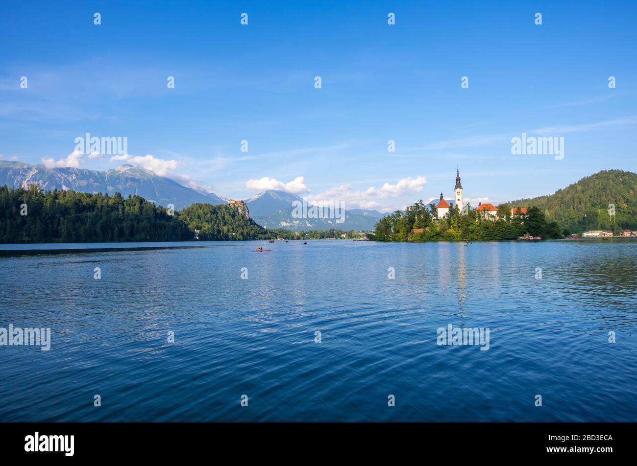 Amazing view on Bled Lake with church dedicated to the Assumption of Mary on a small island, Julian Alps, Slovenia Stock Photo