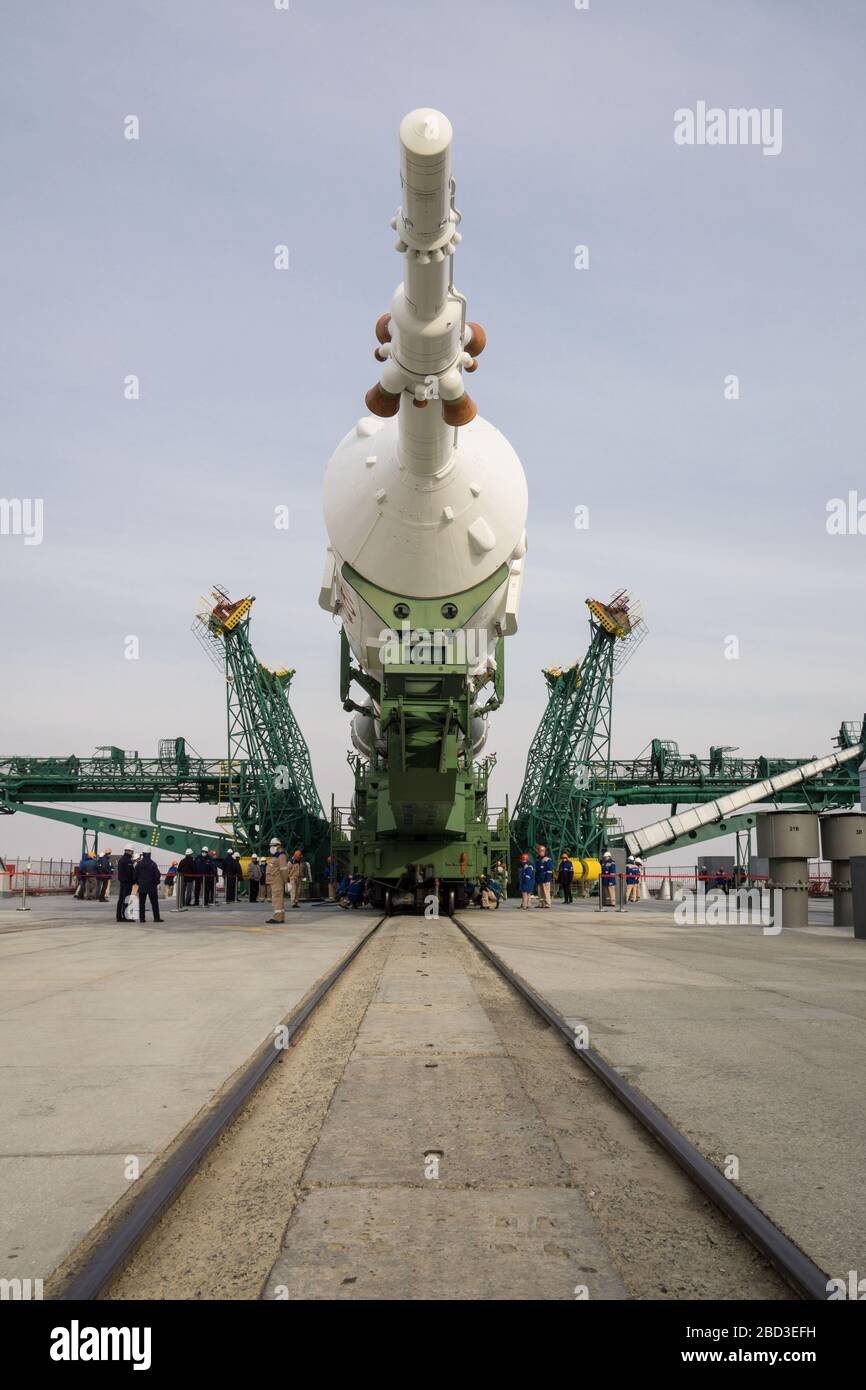 Baikonur, Kazakhstan. 06th Apr, 2020. The Russian Soyuz MS 16 spacecraft and booster rocket are moved into a vertical position and the gantry closed at launch pad 31 at the Baikonur Cosmodrome April 6 2020 in Baikonur, Kazakhstan. International Space Station Expedition 63 crew members Chris Cassidy of NASA, Anatoly Ivanishin and Ivan Vagner of Roscosmos are set to launch April 9 for a six and a half month mission to the orbiting laboratory. Credit: Victor Zelentsov/NASA/Alamy Live News Stock Photo