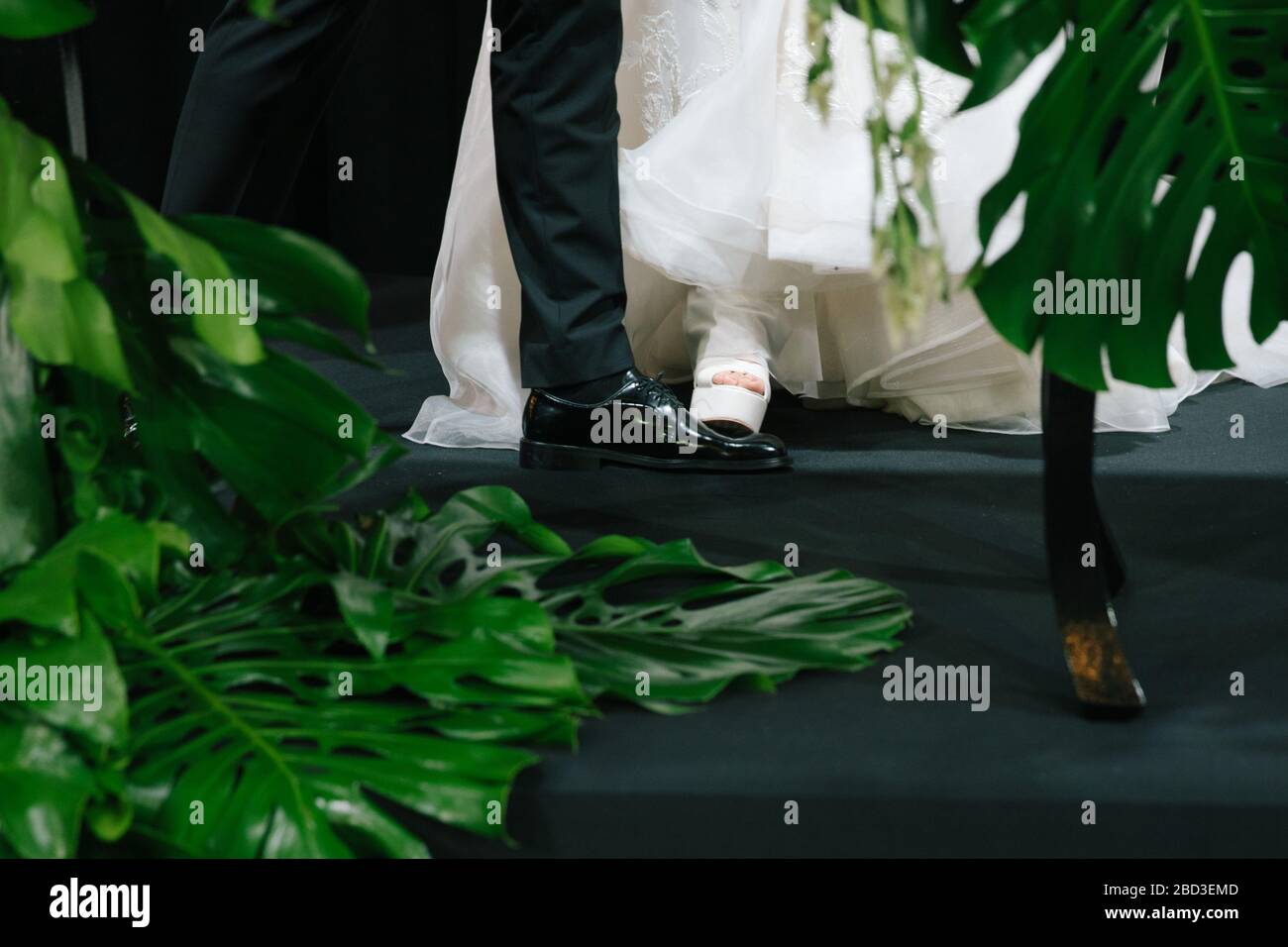 The bride stepped on the groom's feet. Stock Photo