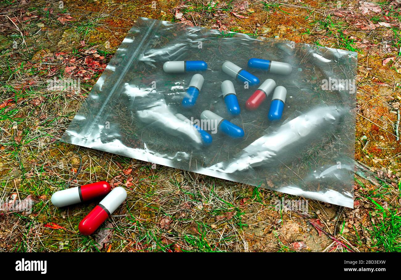 Pills, prescription, pills in a plastic bag. Medical content. Drug and drug dealing. Ecstasy amphetamine. 3d render Stock Photo