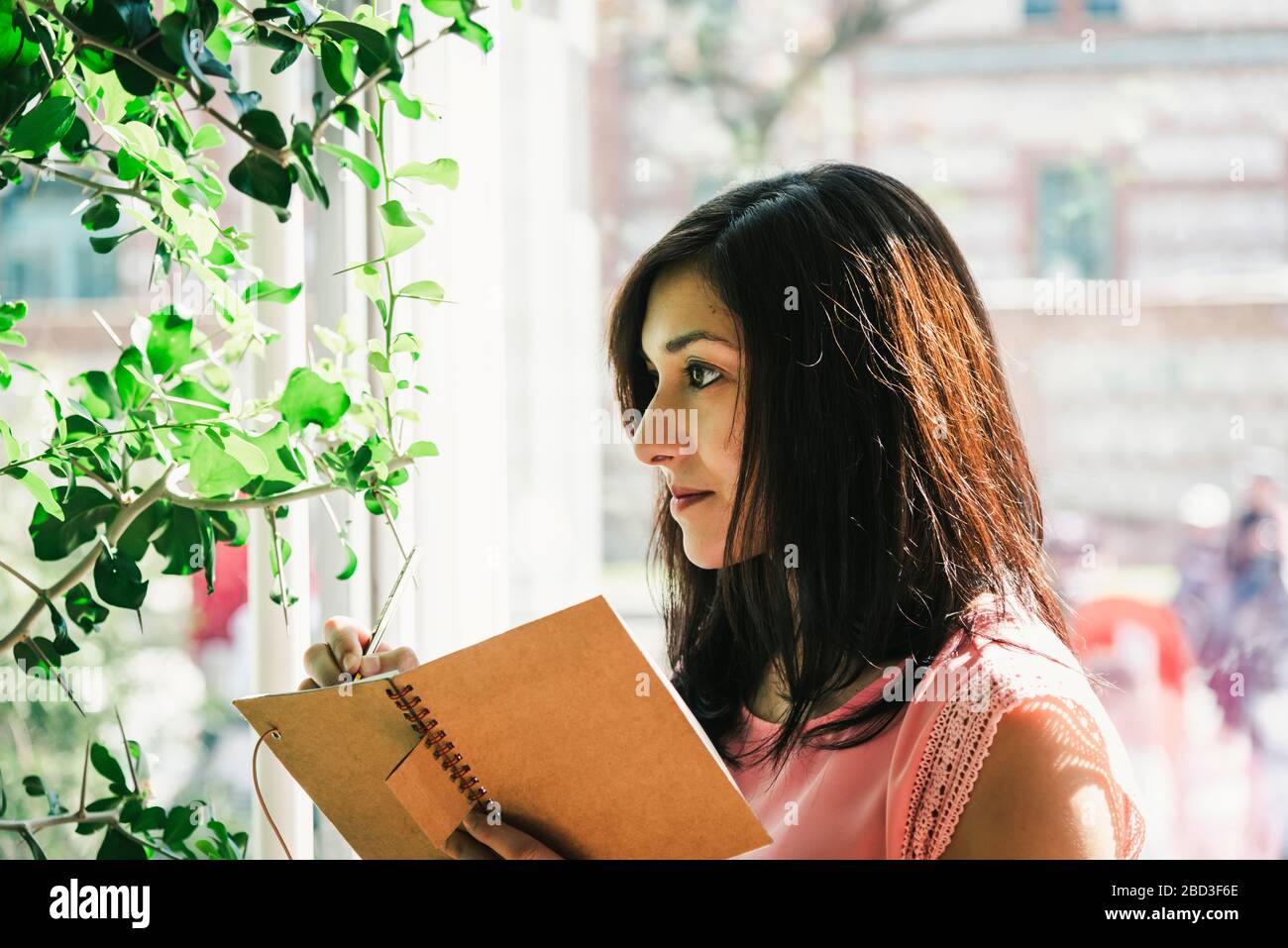 beautiful agronomical engineer taking notes in the greenhouse Stock Photo
