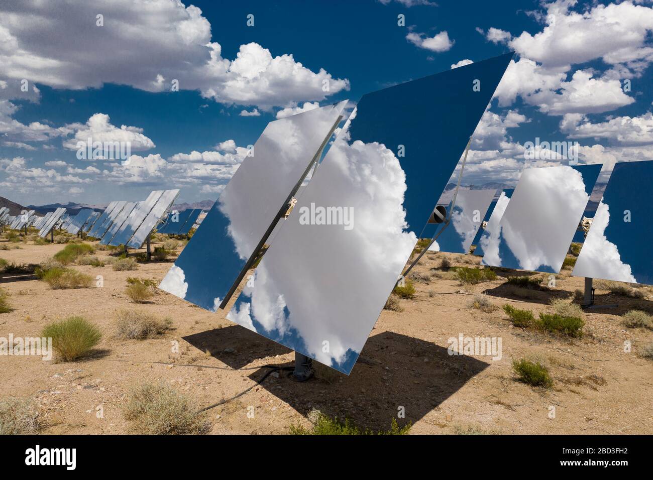 A massive solar array at the Ivanpah Generating station in the d Stock Photo