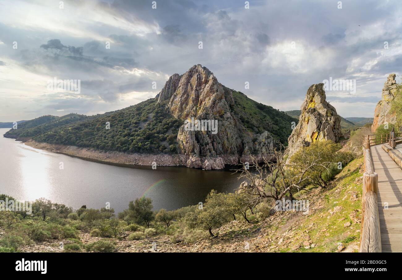 Gypsy jump, Monfrague National Park, a beautiful place ideal for birdwatching in central Spain. It is located in the Extremadura region of Spain. Stock Photo