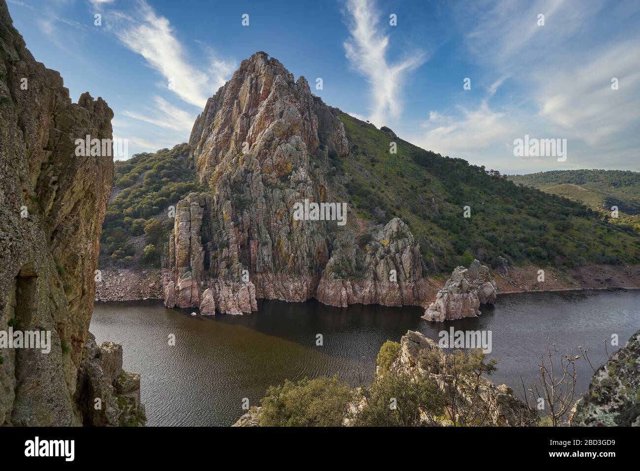 Gypsy jump, Monfrague National Park, a beautiful place ideal for birdwatching in central Spain. It is located in the Extremadura region of Spain. Stock Photo