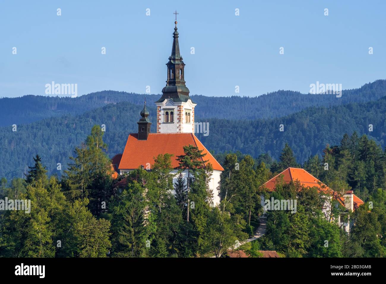 Church dedicated to the Assumption of Mary on a small island on Bled Lake, Julian Alps, Slovenia Stock Photo