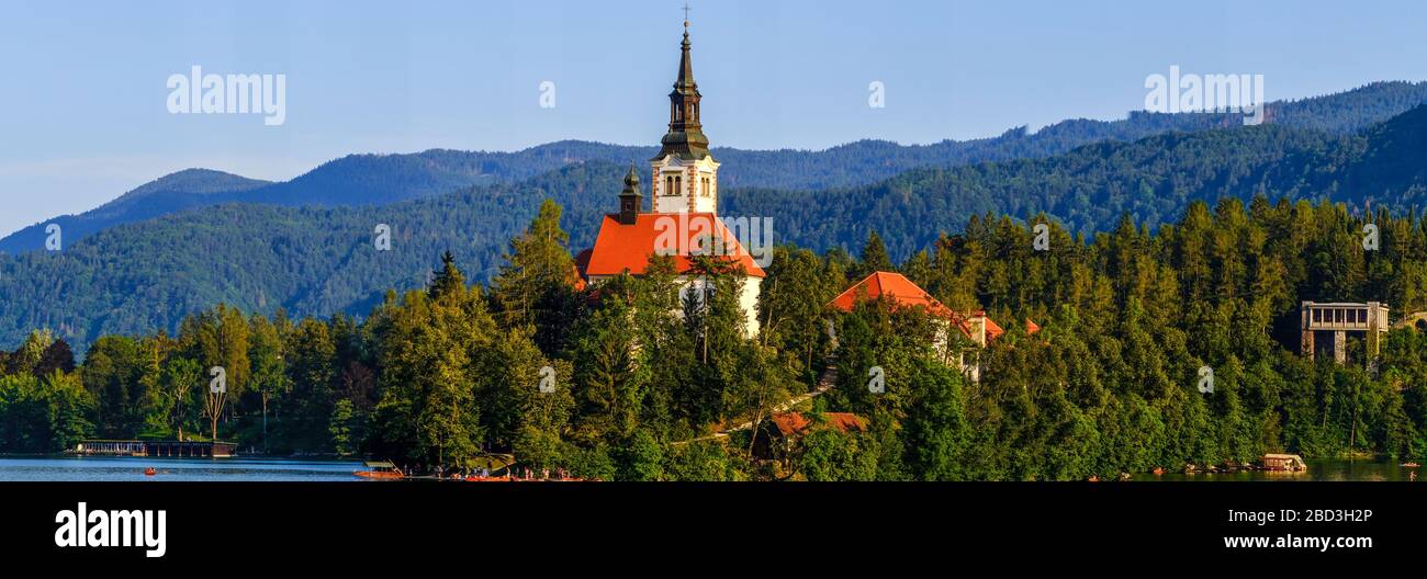 Church dedicated to the Assumption of Mary on a small island on Bled Lake, Julian Alps, Slovenia Stock Photo