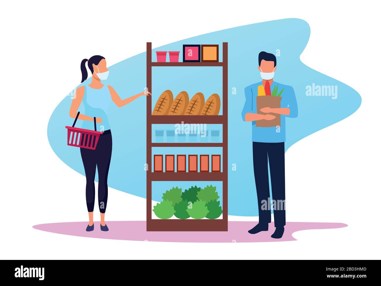 couple using face masks in supermarket Stock Vector Image & Art - Alamy