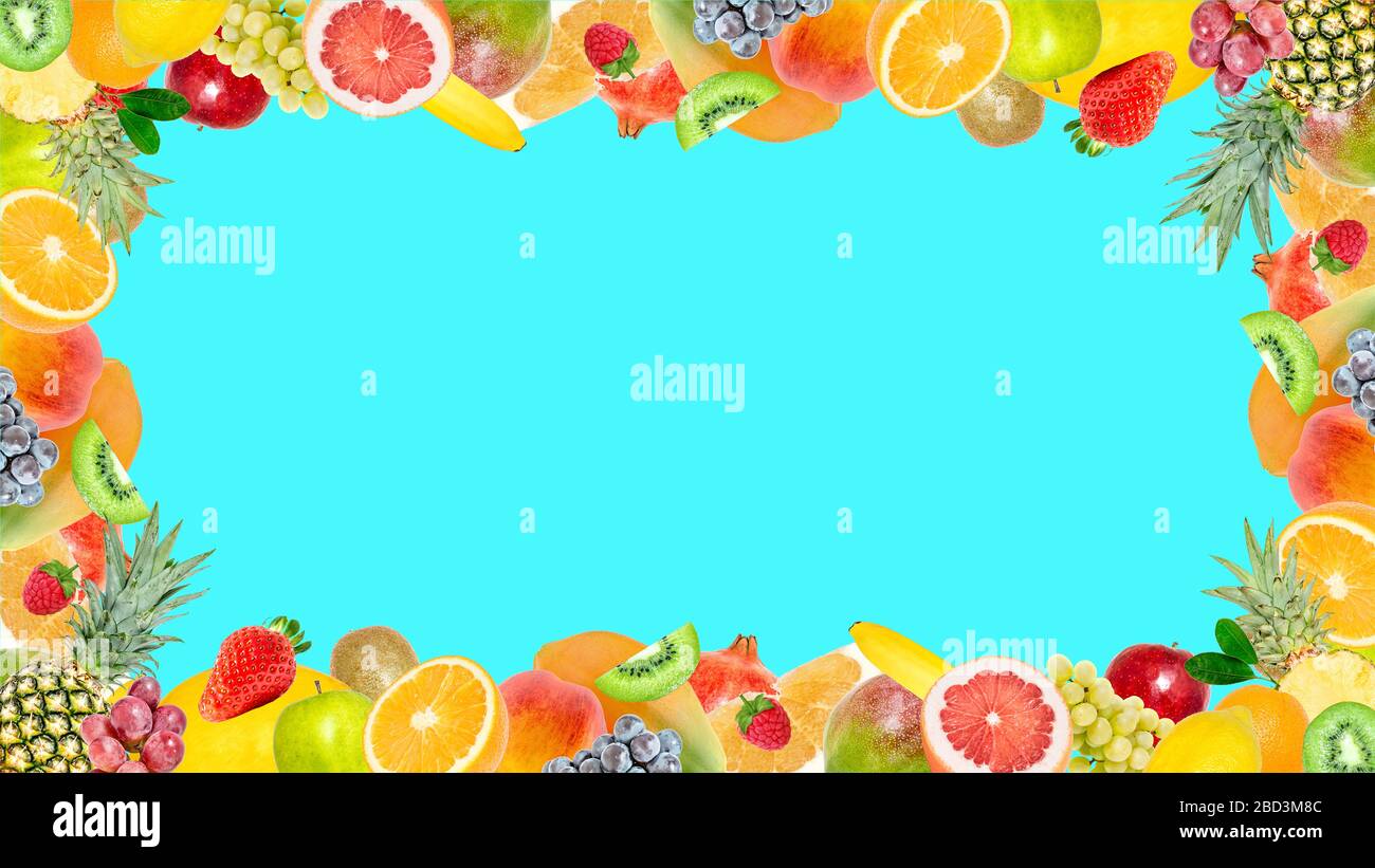 Creative photo of many different exotic tropical bright fruits frame on ...